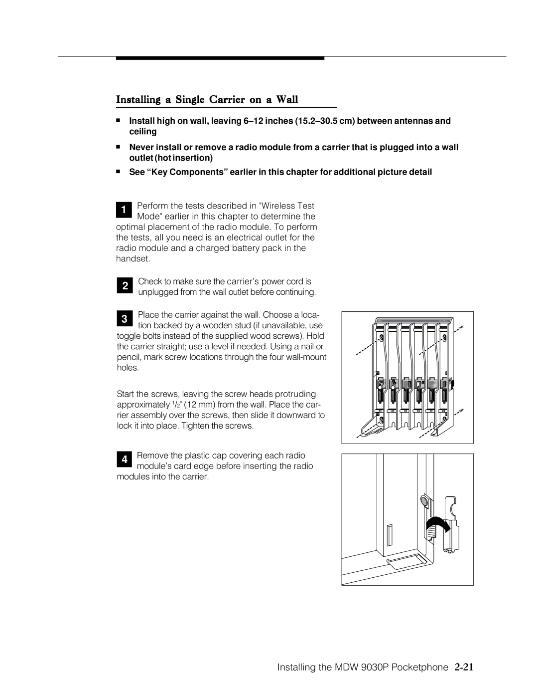 Lucent Technologies Transtalk 9000 manual Installing a Single Carrier on a Wall 