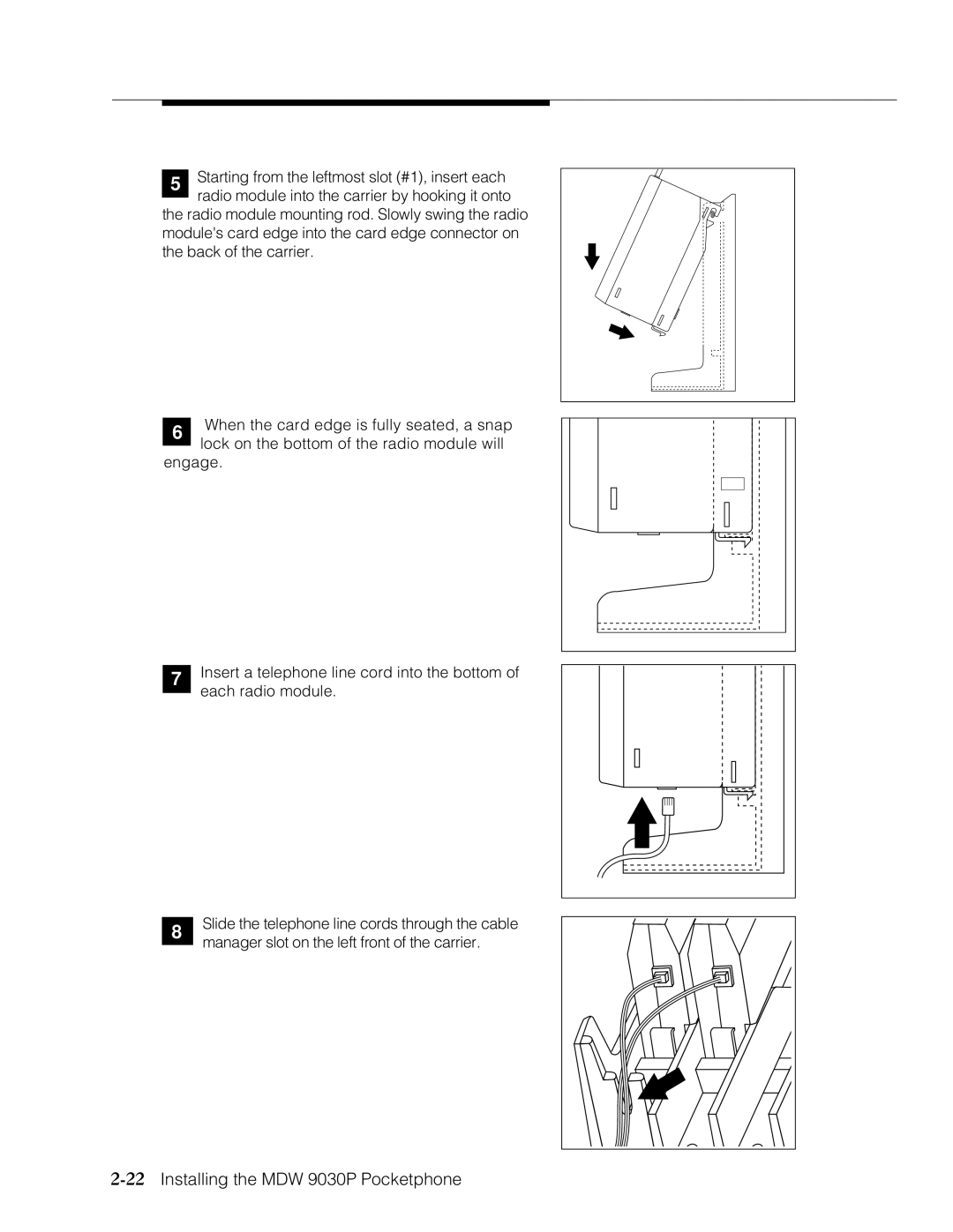 Lucent Technologies Transtalk 9000 manual 22Installing the MDW 9030P Pocketphone 