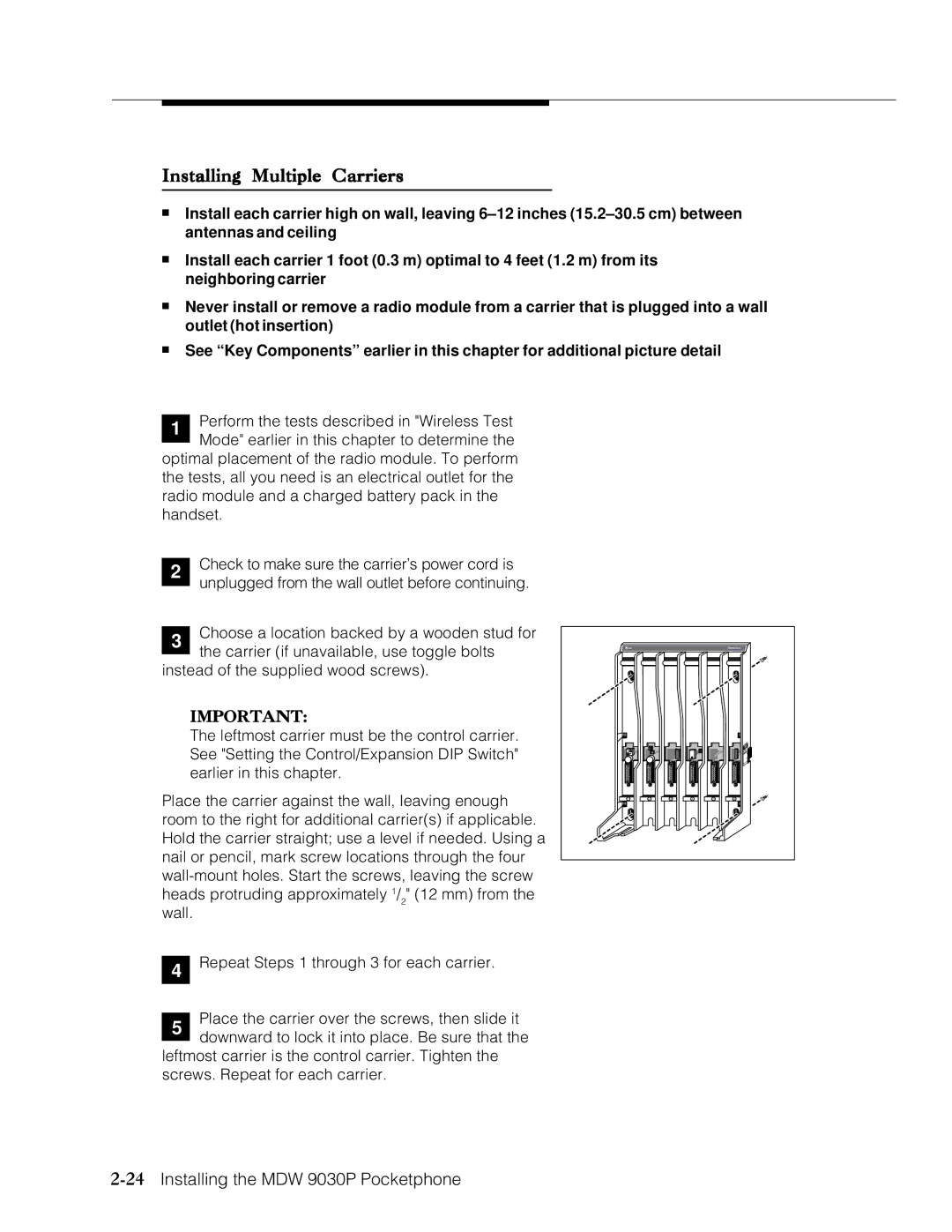 Lucent Technologies Transtalk 9000 manual Installing Multiple Carriers, 24Installing the MDW 9030P Pocketphone 