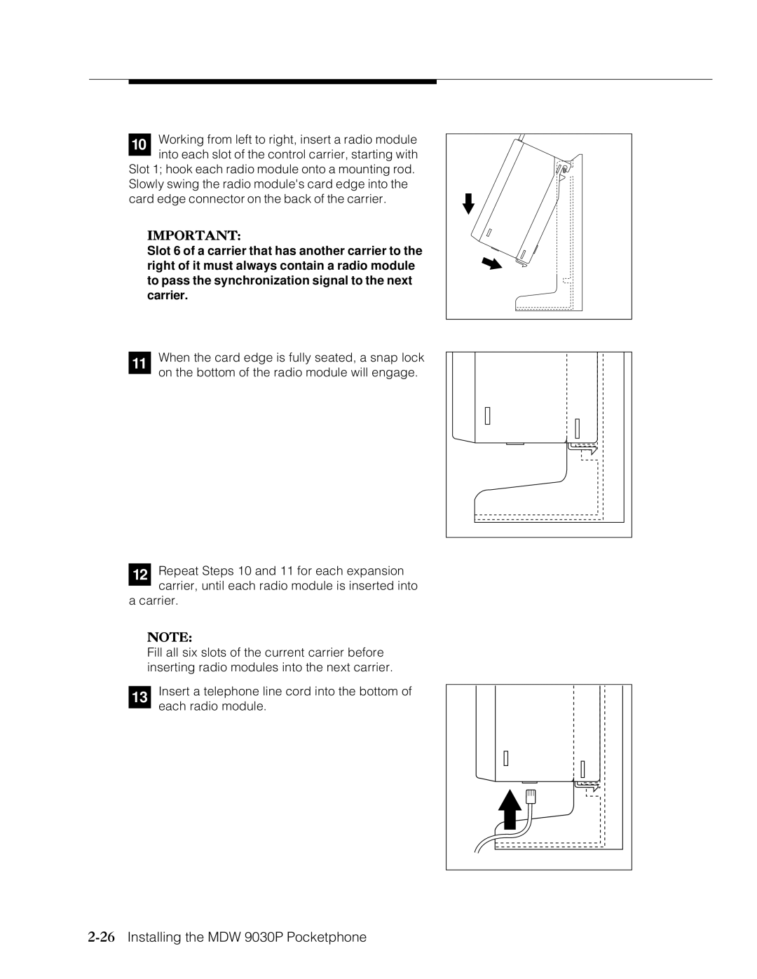 Lucent Technologies Transtalk 9000 manual 26Installing the MDW 9030P Pocketphone 