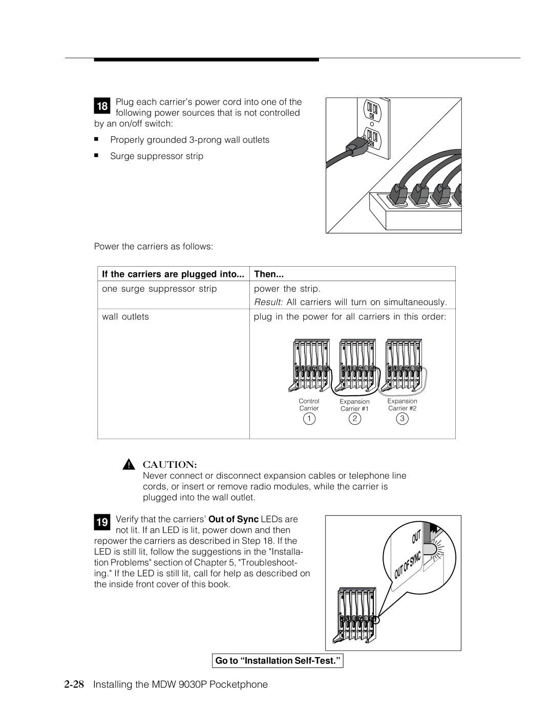 Lucent Technologies Transtalk 9000 manual 28Installing the MDW 9030P Pocketphone, If the carriers are plugged into Then 