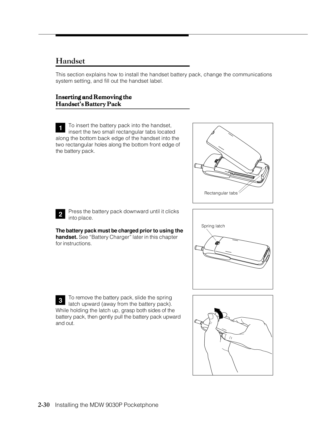 Lucent Technologies Transtalk 9000 manual Inserting and Removing Handset’s Battery Pack 