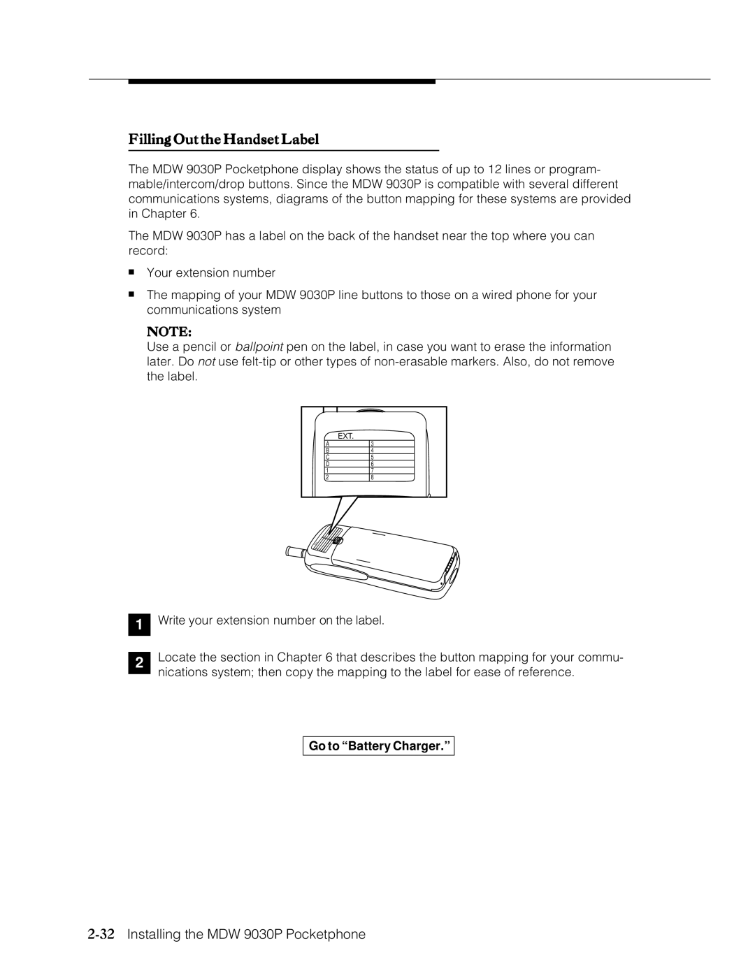 Lucent Technologies Transtalk 9000 manual Filling Out the Handset Label, 32Installing the MDW 9030P Pocketphone 