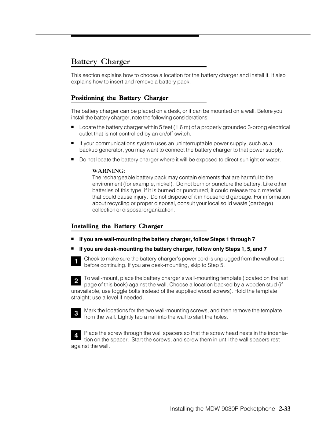 Lucent Technologies Transtalk 9000 manual Positioning the Battery Charger, Installing the Battery Charger 