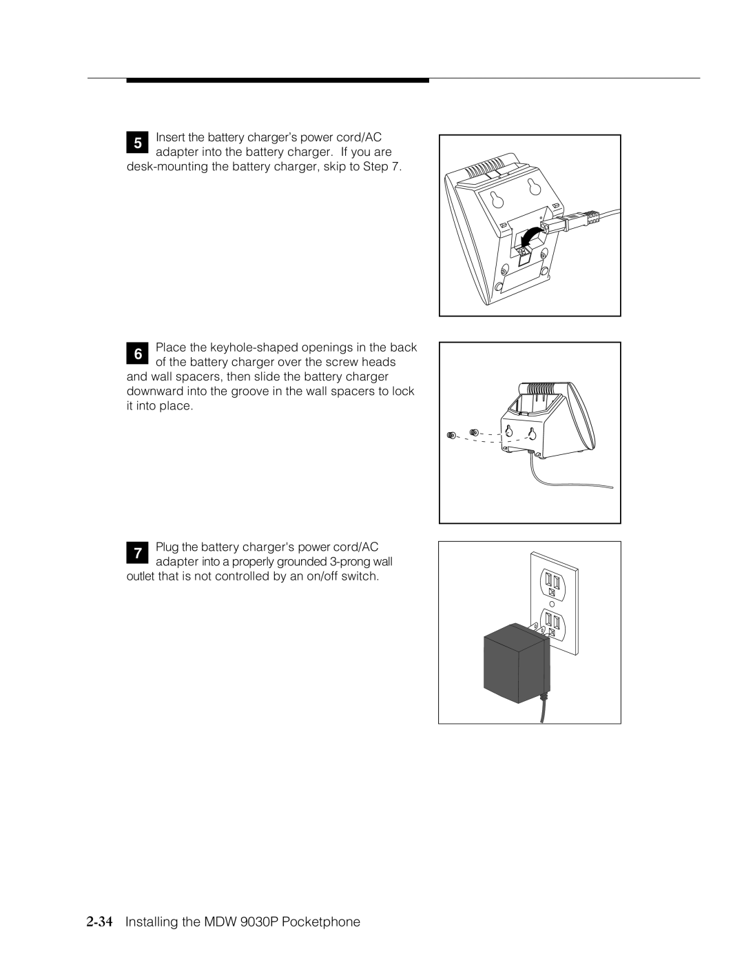 Lucent Technologies Transtalk 9000 manual 34Installing the MDW 9030P Pocketphone 