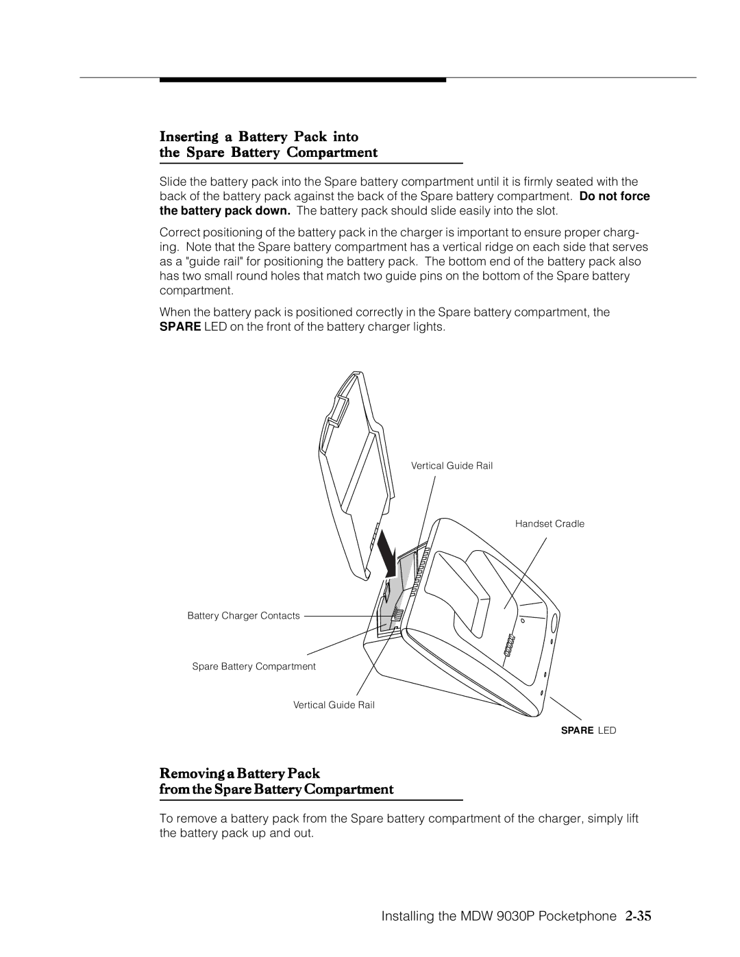 Lucent Technologies Transtalk 9000 manual Inserting a Battery Pack into the Spare Battery Compartment 