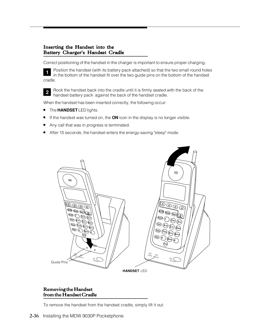 Lucent Technologies Transtalk 9000 manual Inserting the Handset into Battery Chargers Handset Cradle 