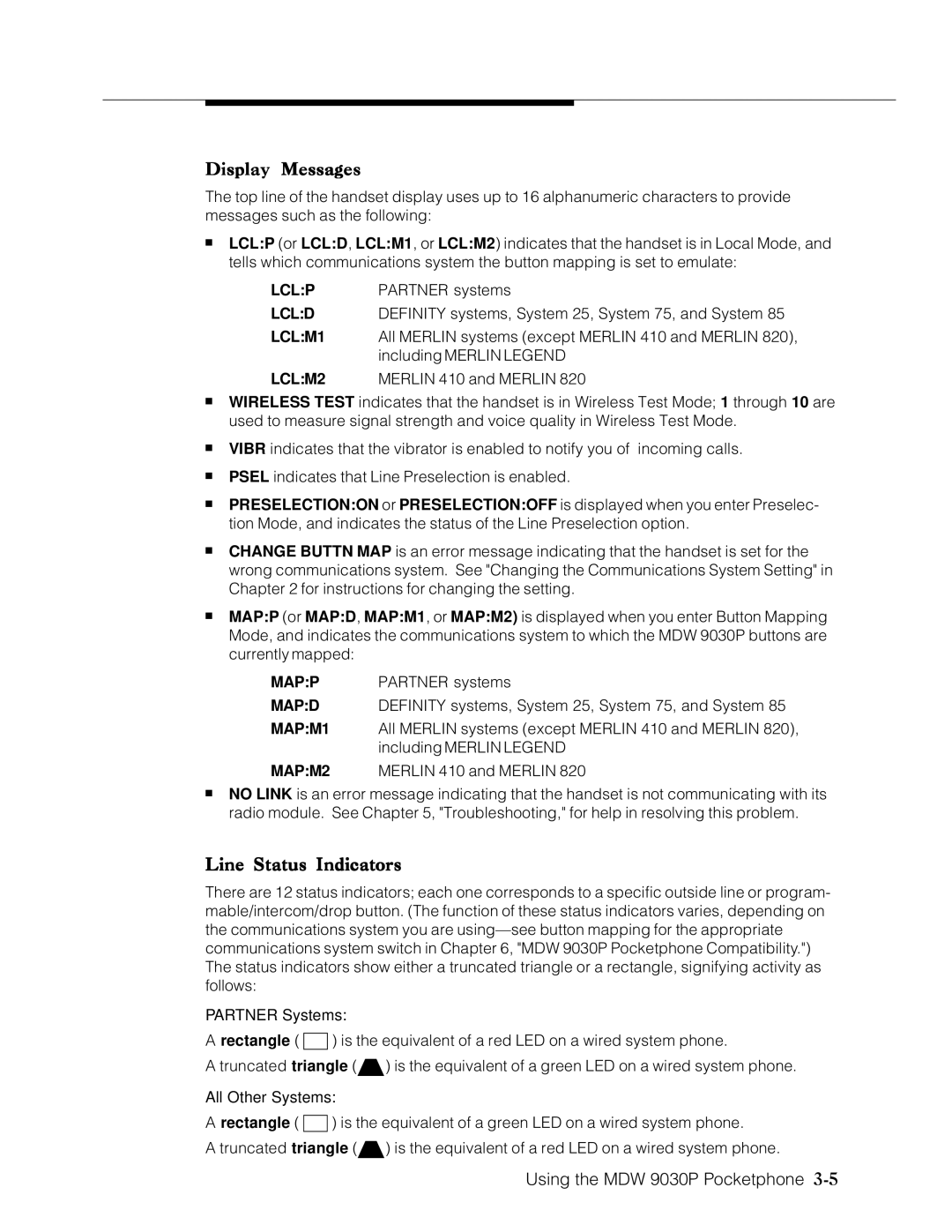 Lucent Technologies Transtalk 9000 manual Display Messages, Line Status Indicators 