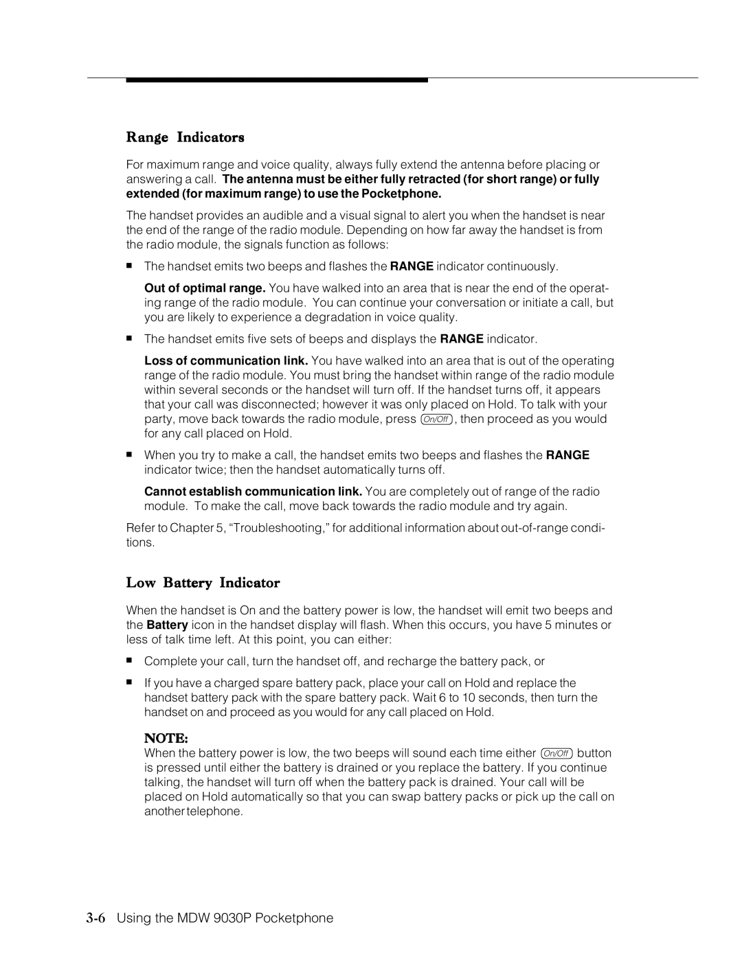 Lucent Technologies Transtalk 9000 manual Range Indicators, Low Battery Indicator, 6Using the MDW 9030P Pocketphone 