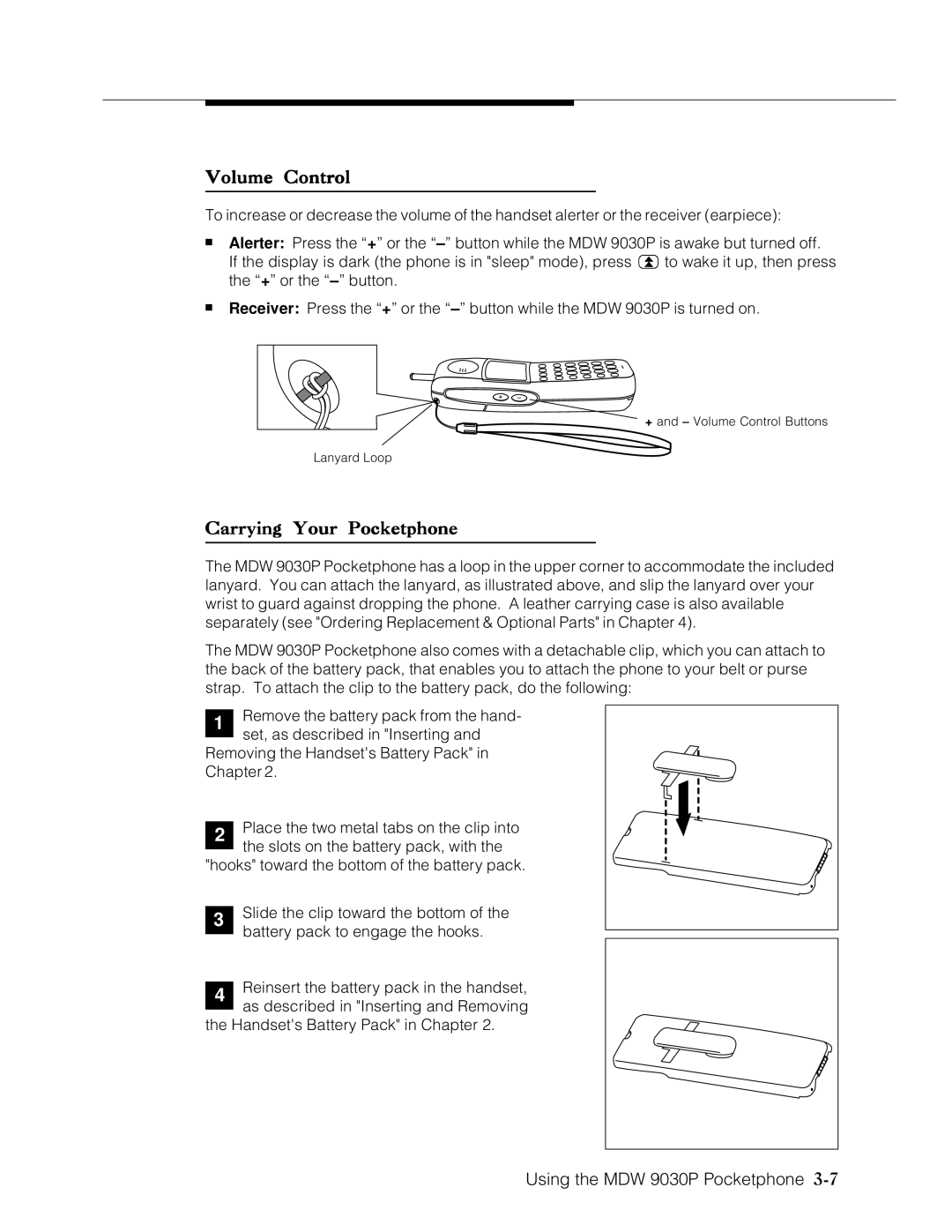 Lucent Technologies Transtalk 9000 manual Volume Control, Carrying Your Pocketphone 