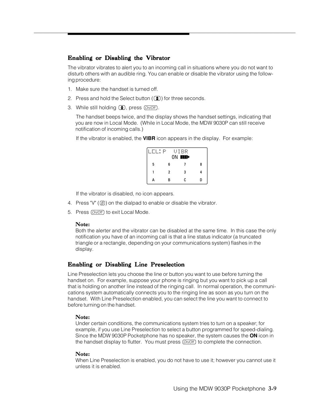 Lucent Technologies Transtalk 9000 manual Enabling or Disabling the Vibrator, Enabling or Disabling Line Preselection 