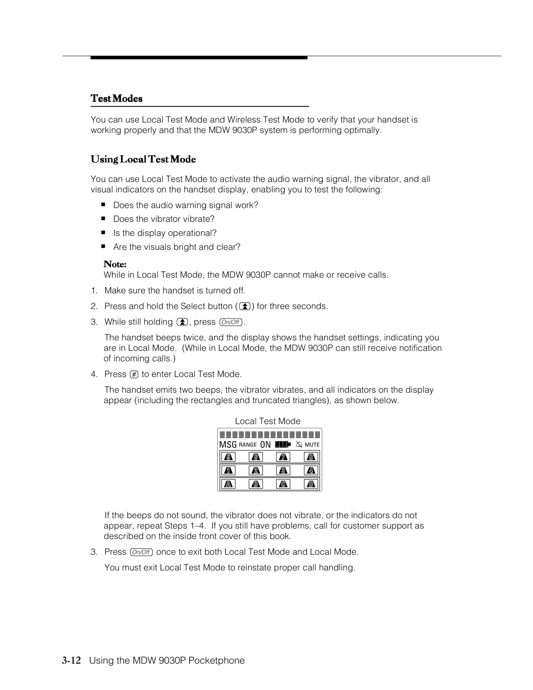 Lucent Technologies Transtalk 9000 manual Test Modes, Using Local Test Mode, 12Using the MDW 9030P Pocketphone 