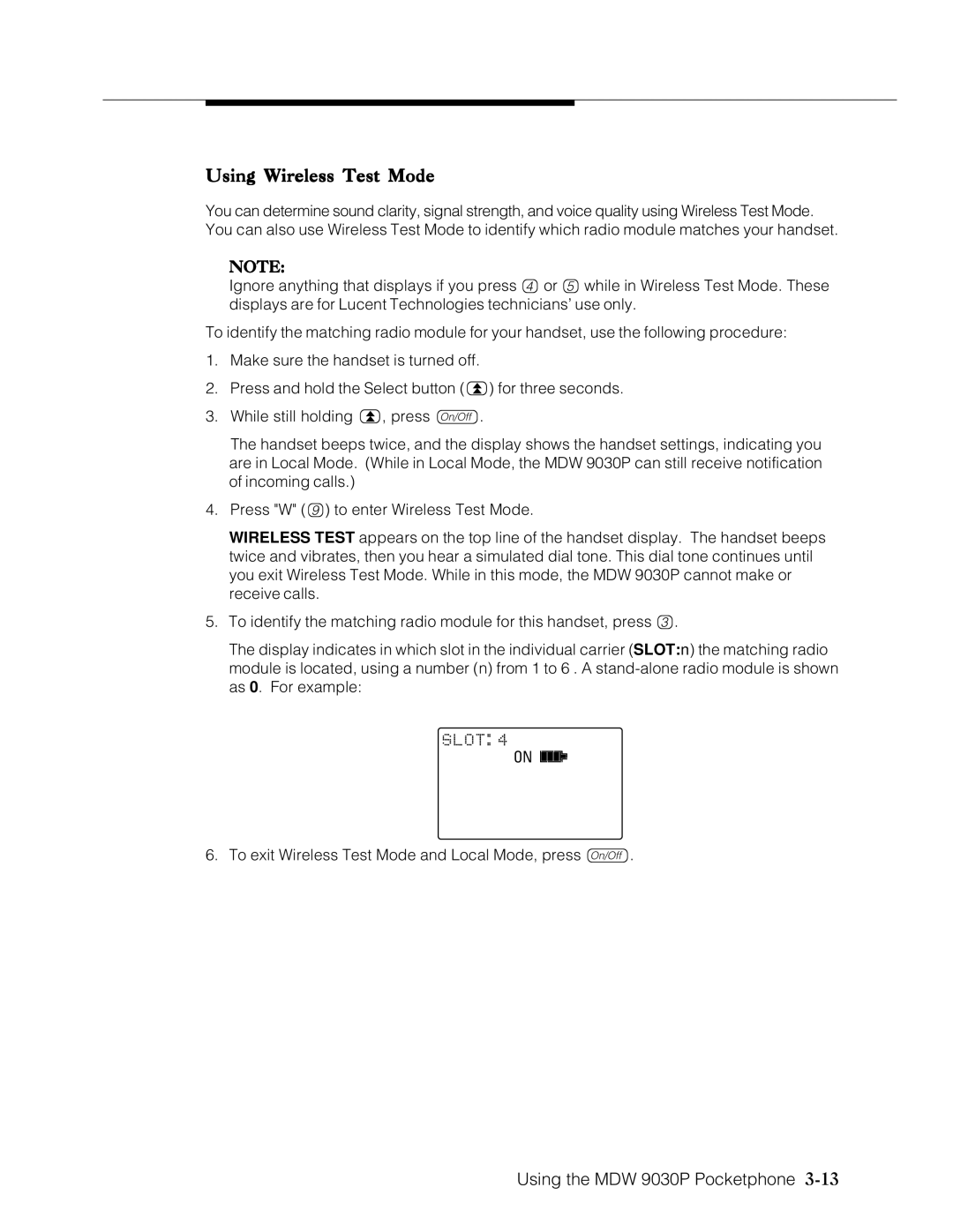 Lucent Technologies Transtalk 9000 manual Using Wireless Test Mode 