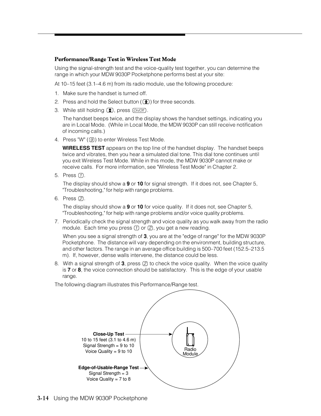 Lucent Technologies Transtalk 9000 manual 14Using the MDW 9030P Pocketphone, Performance/Range Test in Wireless Test Mode 