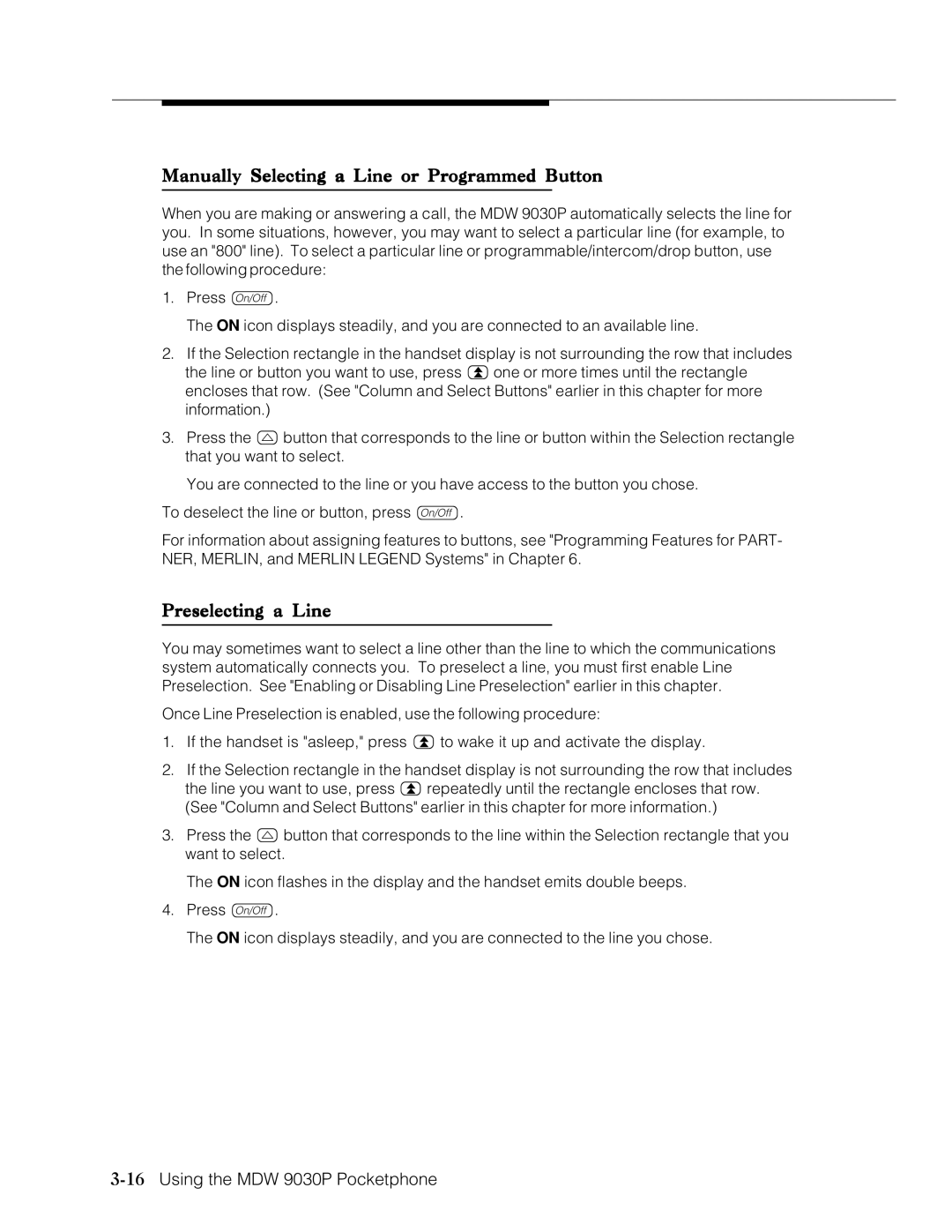 Lucent Technologies Transtalk 9000 manual Manually Selecting a Line or Programmed Button, Preselecting a Line 