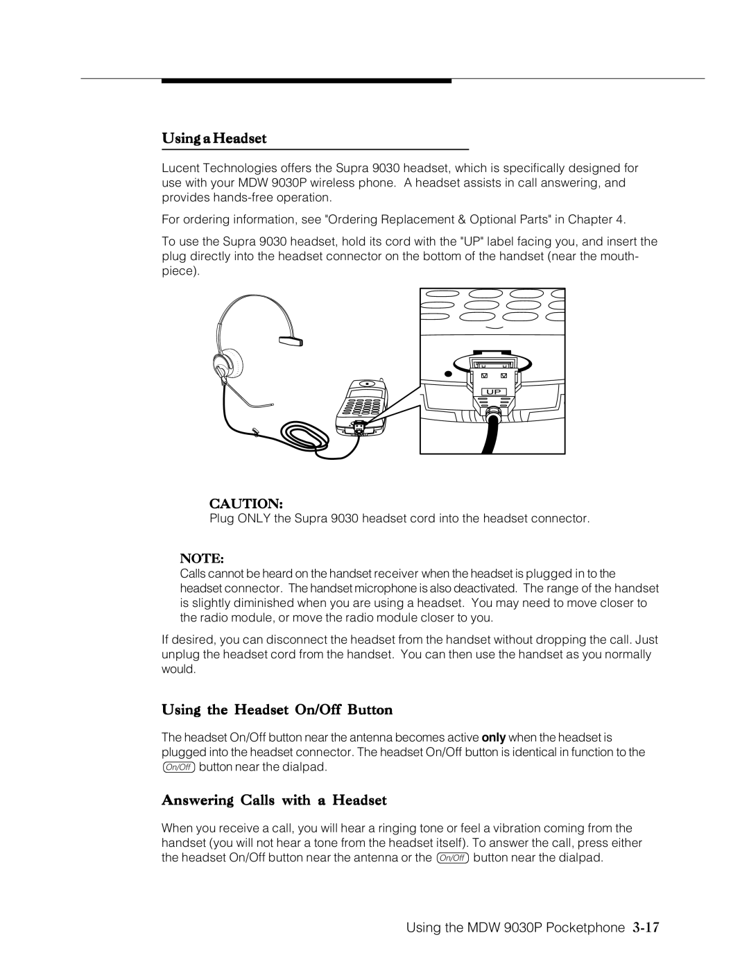 Lucent Technologies Transtalk 9000 manual Using a Headset, Using the Headset On/Off Button, Answering Calls with a Headset 