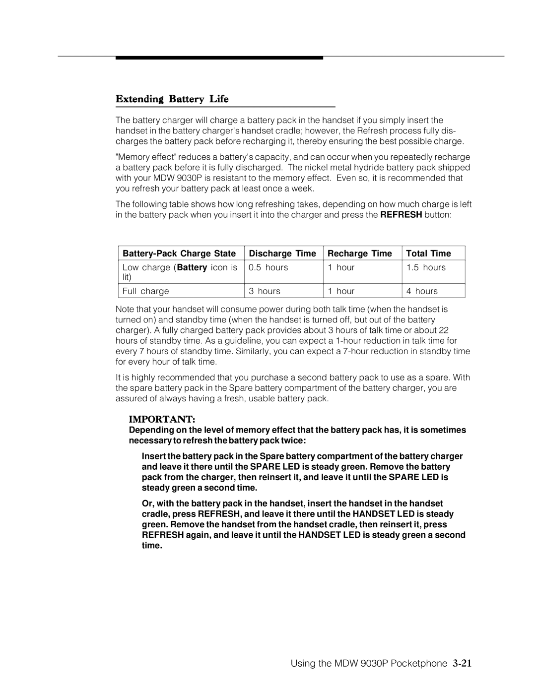 Lucent Technologies Transtalk 9000 manual Extending Battery Life 