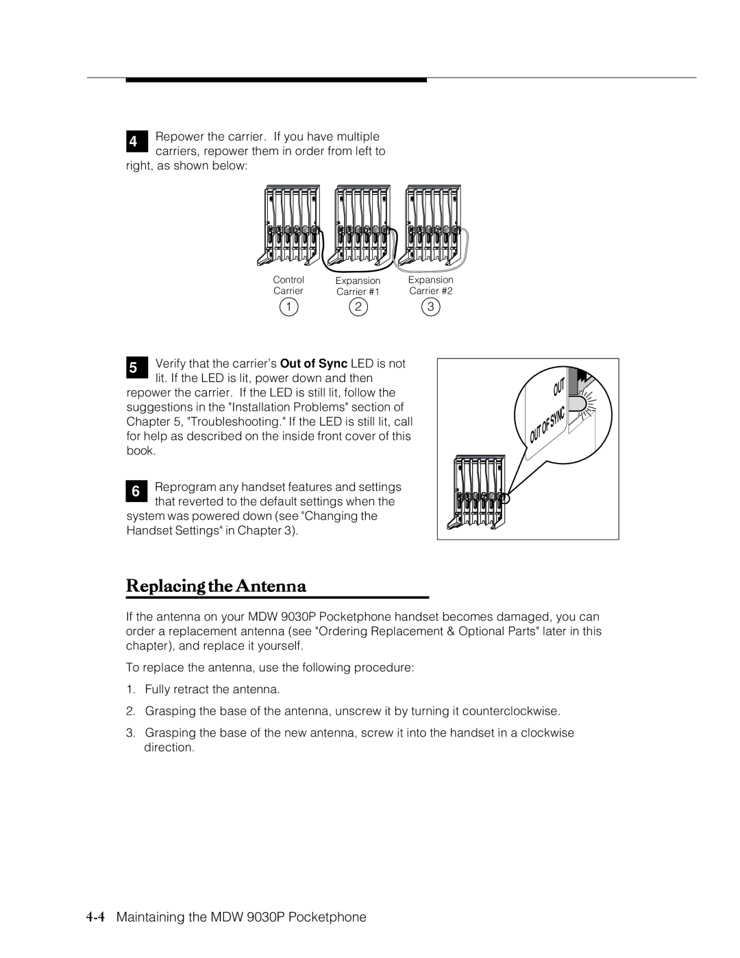 Lucent Technologies Transtalk 9000 manual ReplacingtheAntenna, 4Maintaining the MDW 9030P Pocketphone 