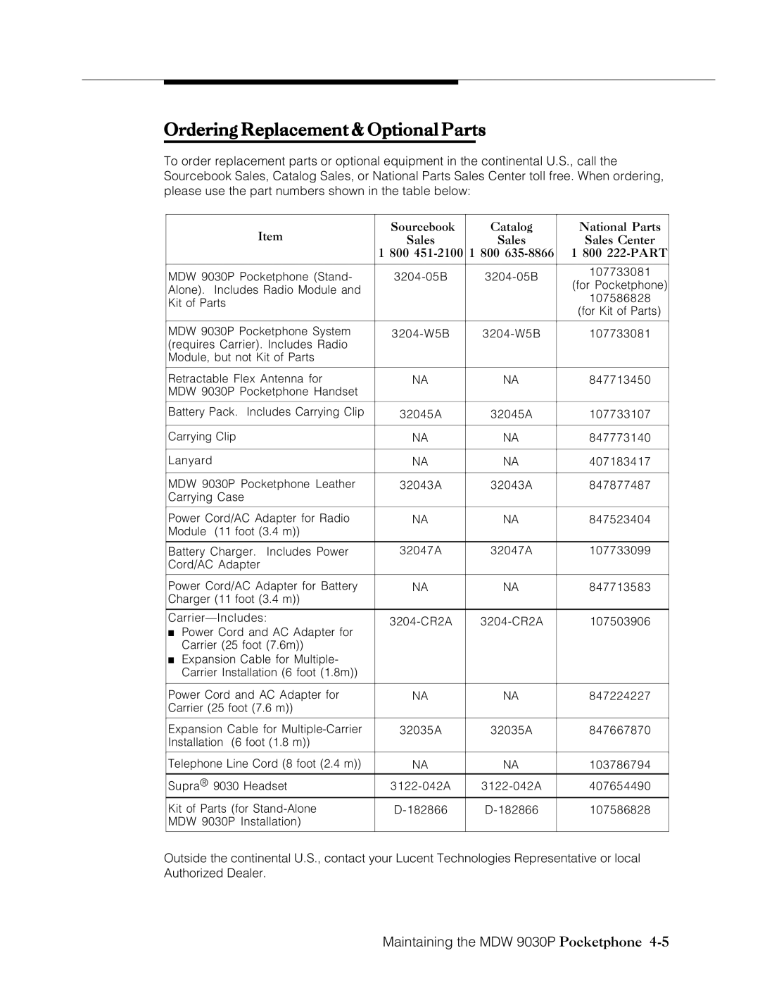 Lucent Technologies Transtalk 9000 manual Ordering Replacement & Optional Parts 