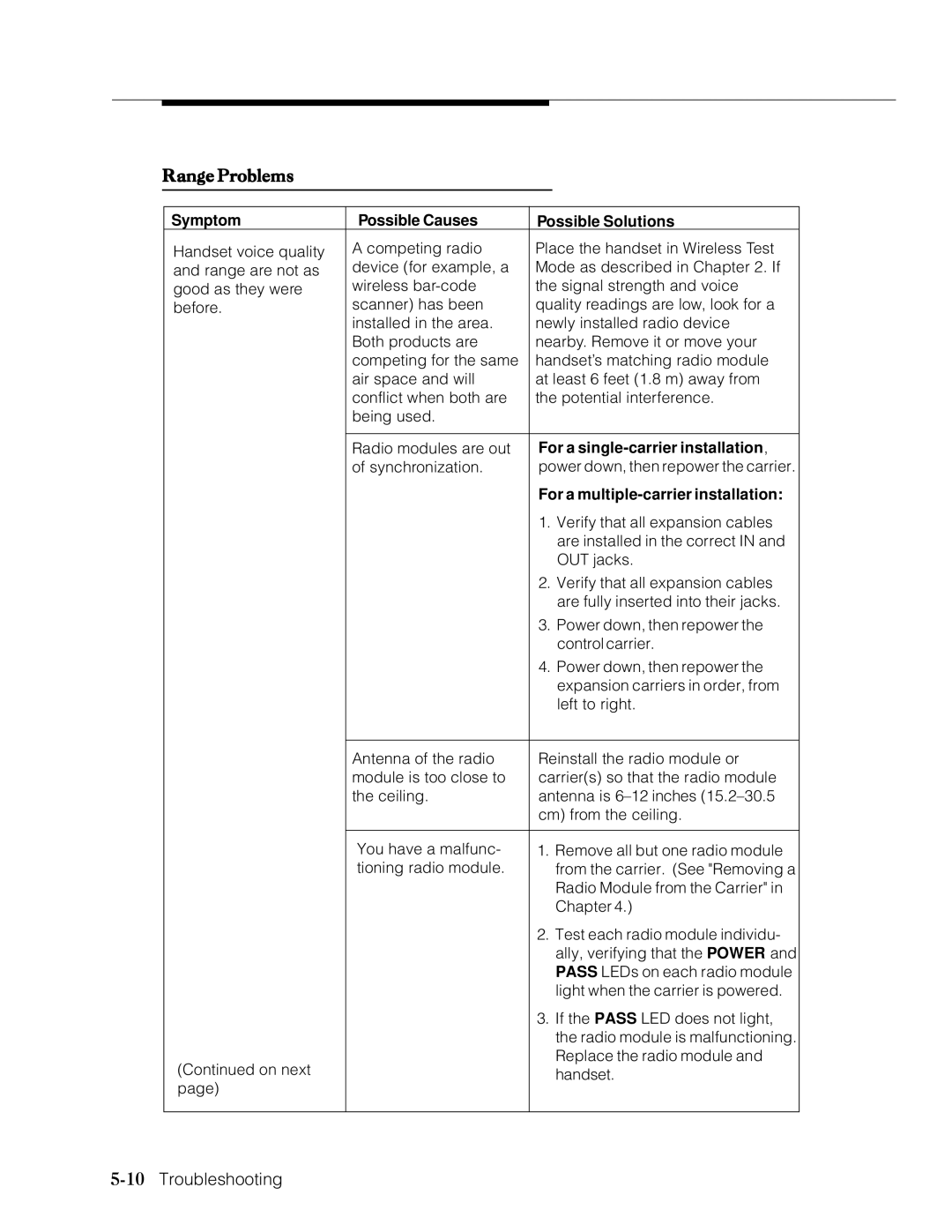 Lucent Technologies Transtalk 9000 manual Range Problems, 10Troubleshooting 