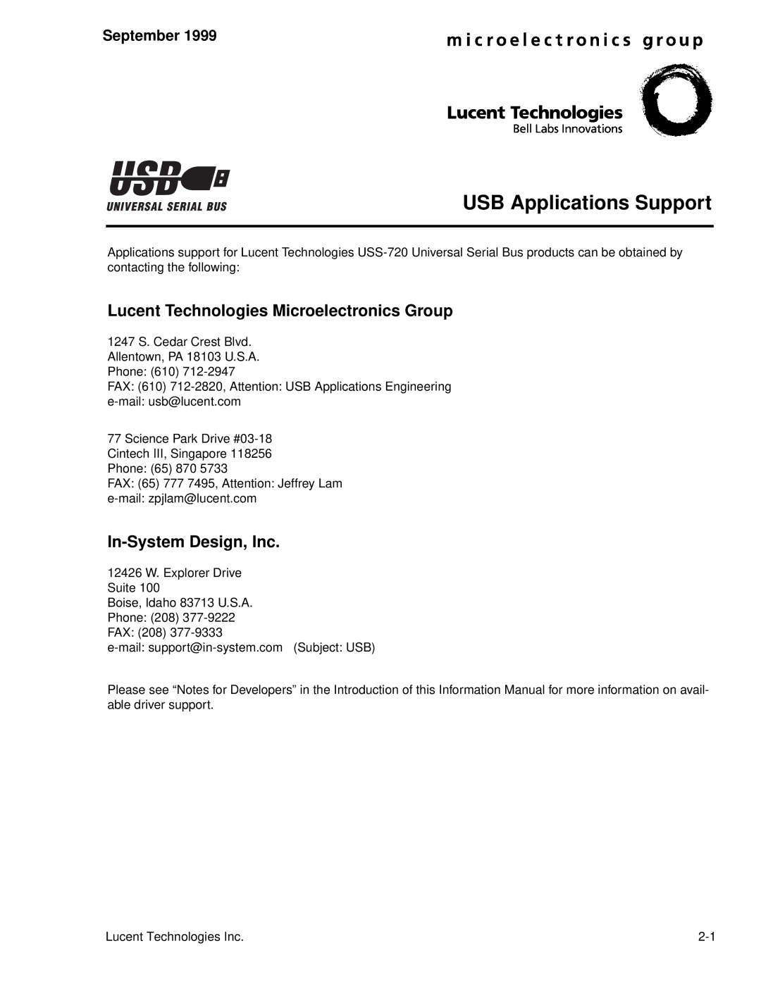 Lucent Technologies USS-720 manual Lucent Technologies Microelectronics Group, In-System Design, Inc 