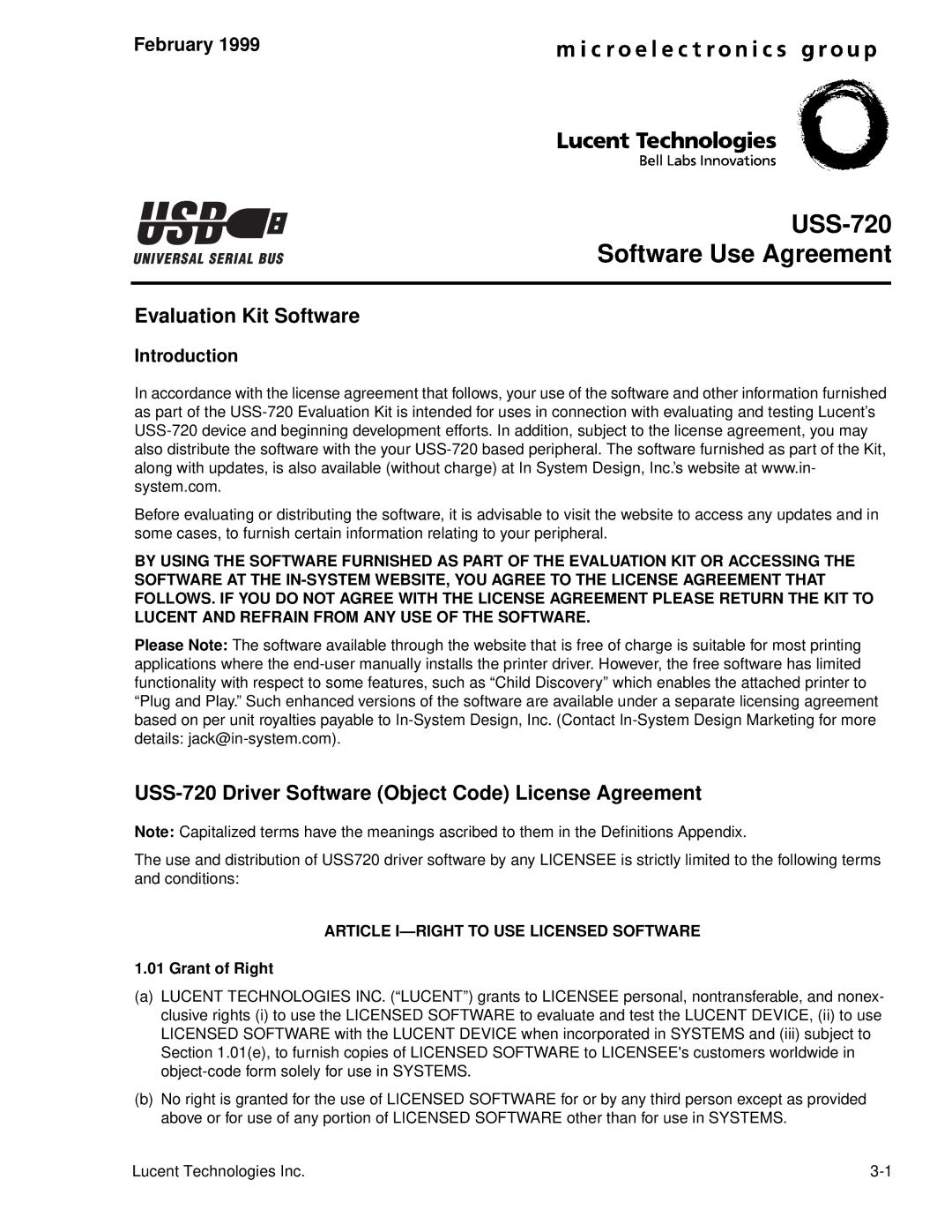 Lucent Technologies manual Evaluation Kit Software, USS-720 Driver Software Object Code License Agreement, February 