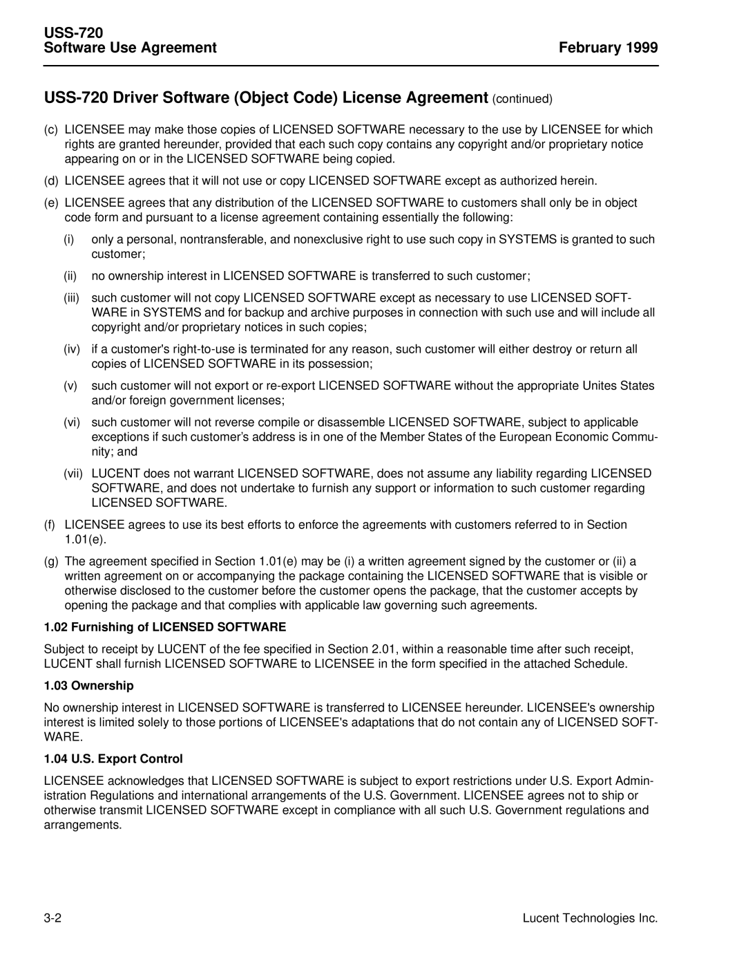 Lucent Technologies manual USS-720 Software Use Agreement February, Furnishing of Licensed Software, Ownership 