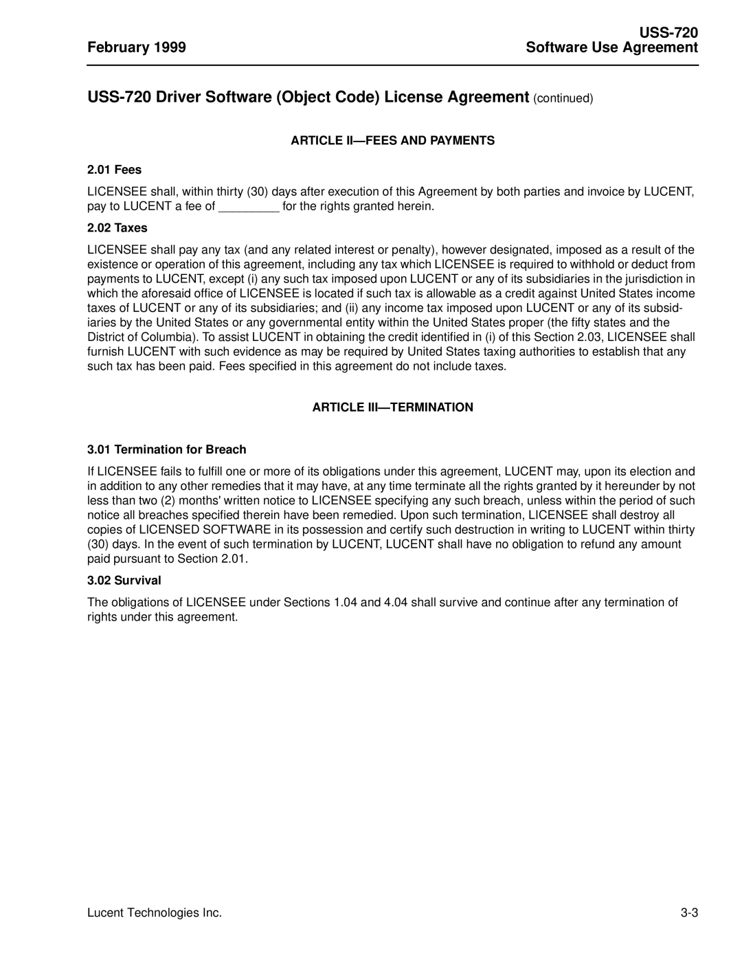 Lucent Technologies USS-720 manual February Software Use Agreement 