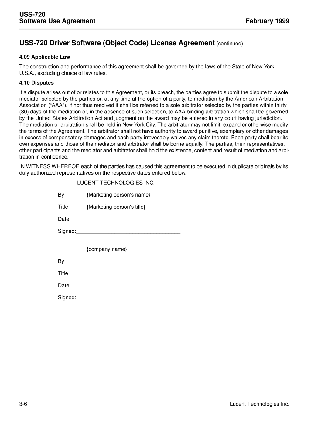 Lucent Technologies USS-720 manual Applicable Law, Disputes 