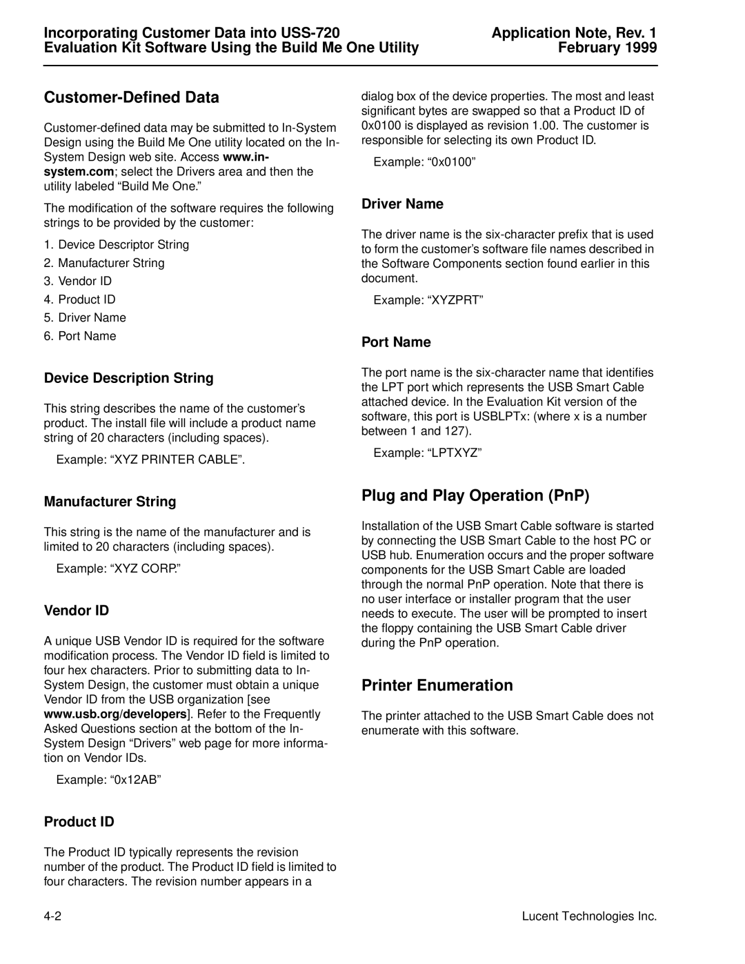 Lucent Technologies USS-720 manual Customer-Deﬁned Data, Plug and Play Operation PnP, Printer Enumeration 