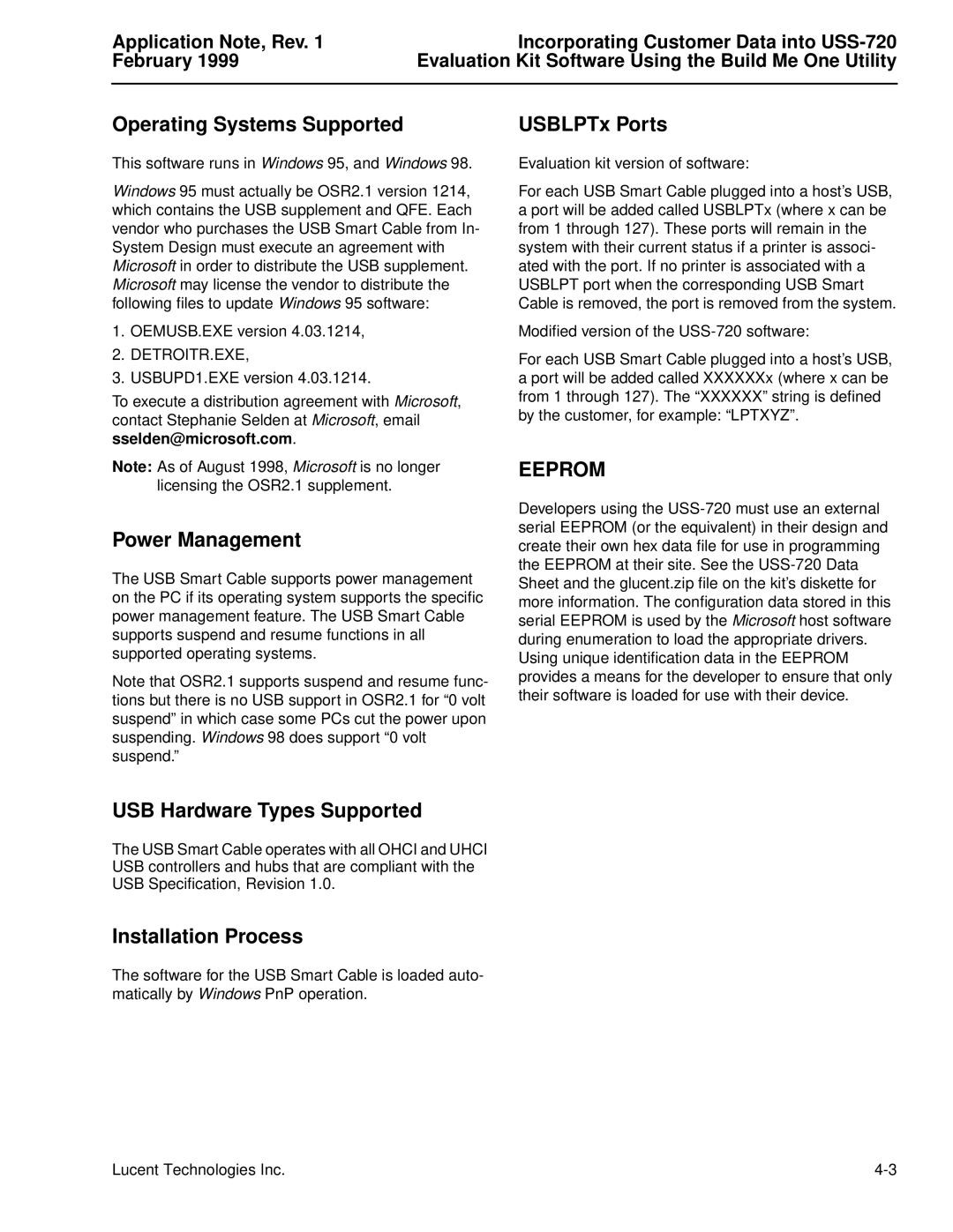 Lucent Technologies USS-720 Operating Systems Supported, Power Management, USB Hardware Types Supported, USBLPTx Ports 