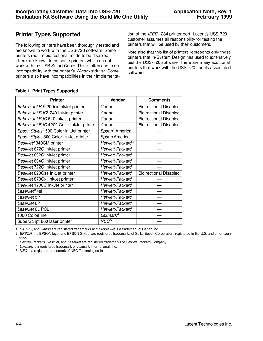 Lucent Technologies USS-720 manual Printer Types Supported, Print Types Supported 