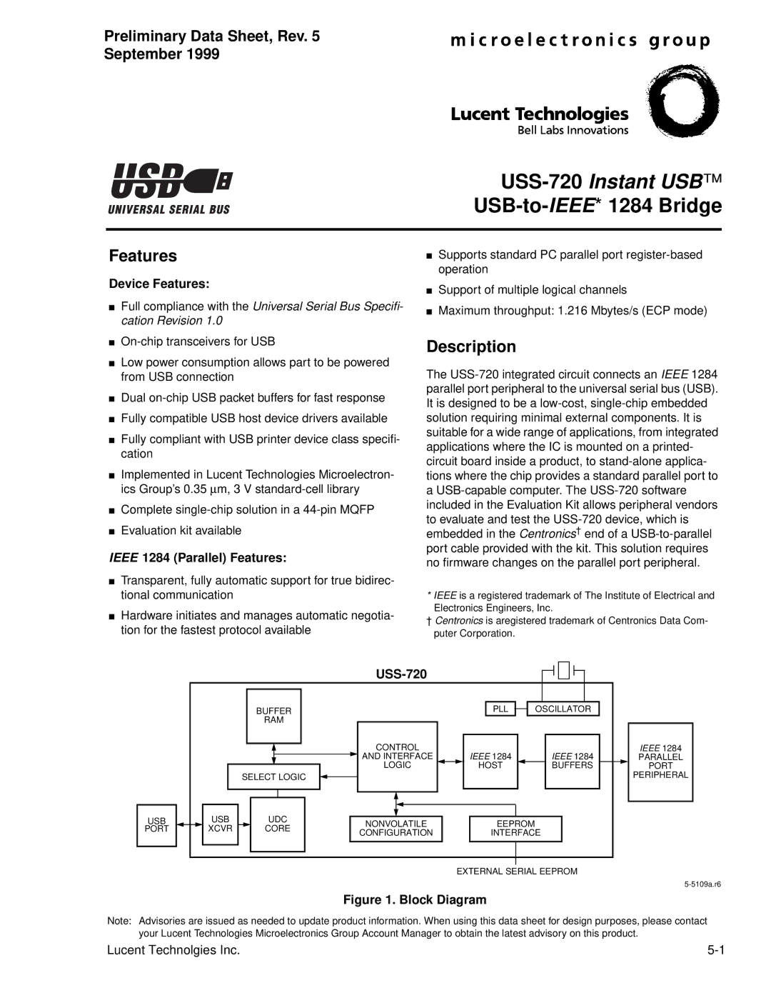 Lucent Technologies USS-720 manual Features, Description, Preliminary Data Sheet, Rev September 