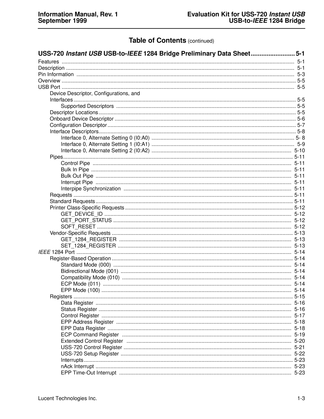 Lucent Technologies manual Information Manual, Rev Evaluation Kit for USS-720, September USB-to-IEEE Bridge 