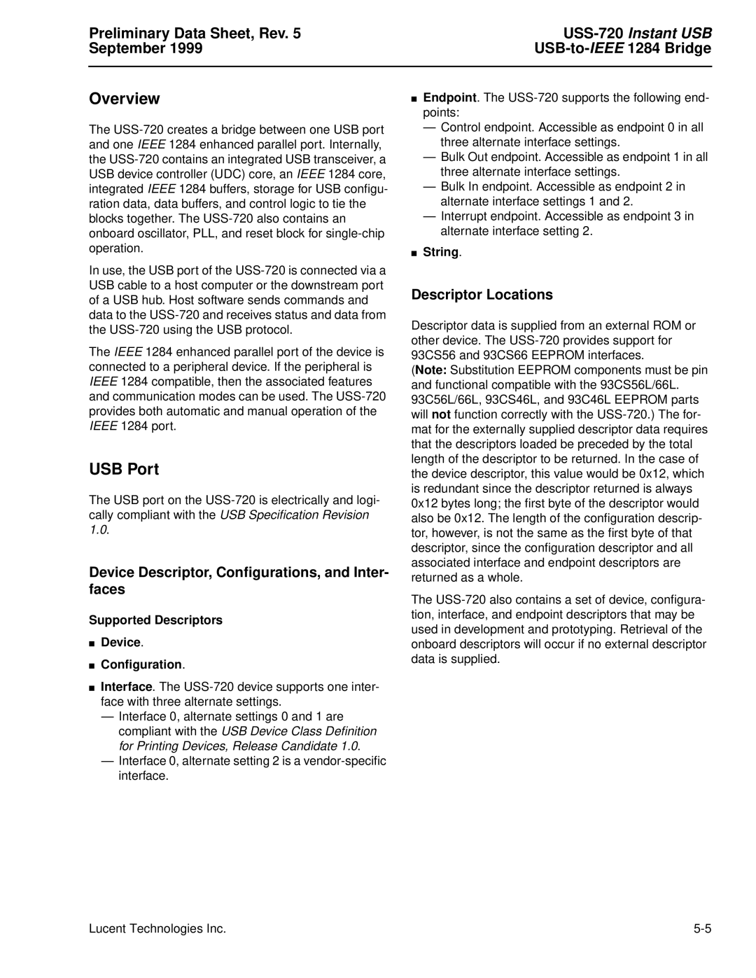 Lucent Technologies USS-720 Overview, USB Port, Device Descriptor, Conﬁgurations, and Inter- faces, Descriptor Locations 