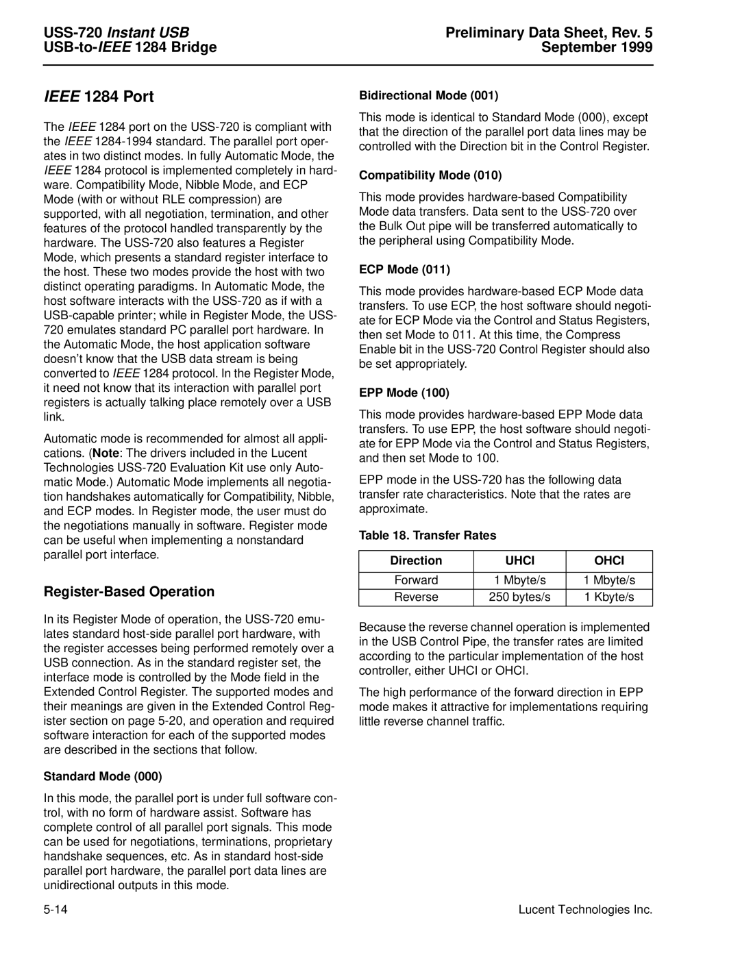 Lucent Technologies USS-720 manual Ieee 1284 Port, Register-Based Operation 