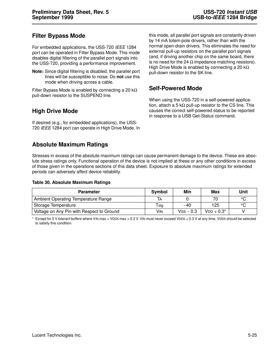 Lucent Technologies USS-720 manual Filter Bypass Mode, High Drive Mode, Self-Powered Mode, Absolute Maximum Ratings 