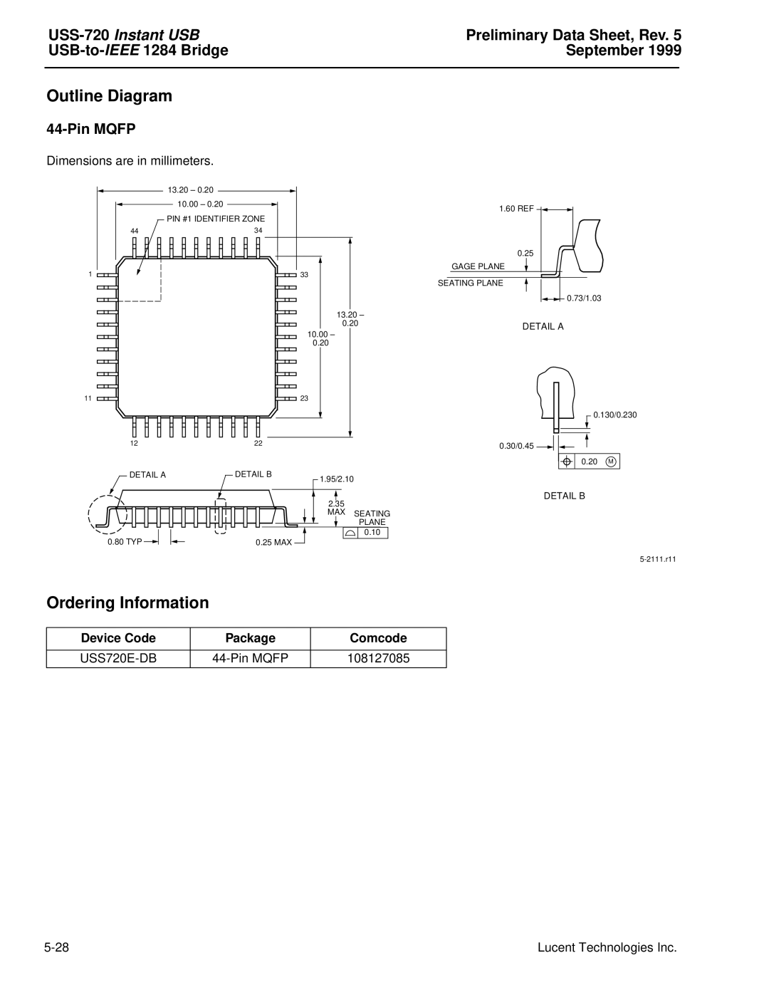 Lucent Technologies USS-720 manual Outline Diagram, Ordering Information, Pin Mqfp, Device Code Package Comcode, USS720E-DB 