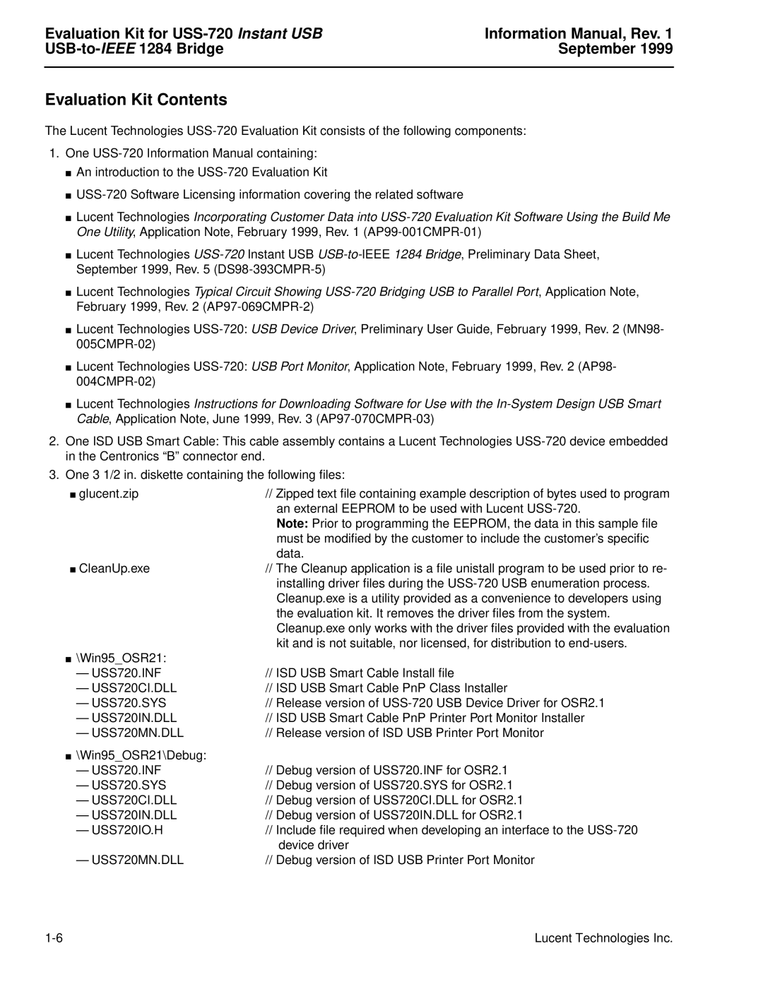 Lucent Technologies USS-720 manual Evaluation Kit Contents 