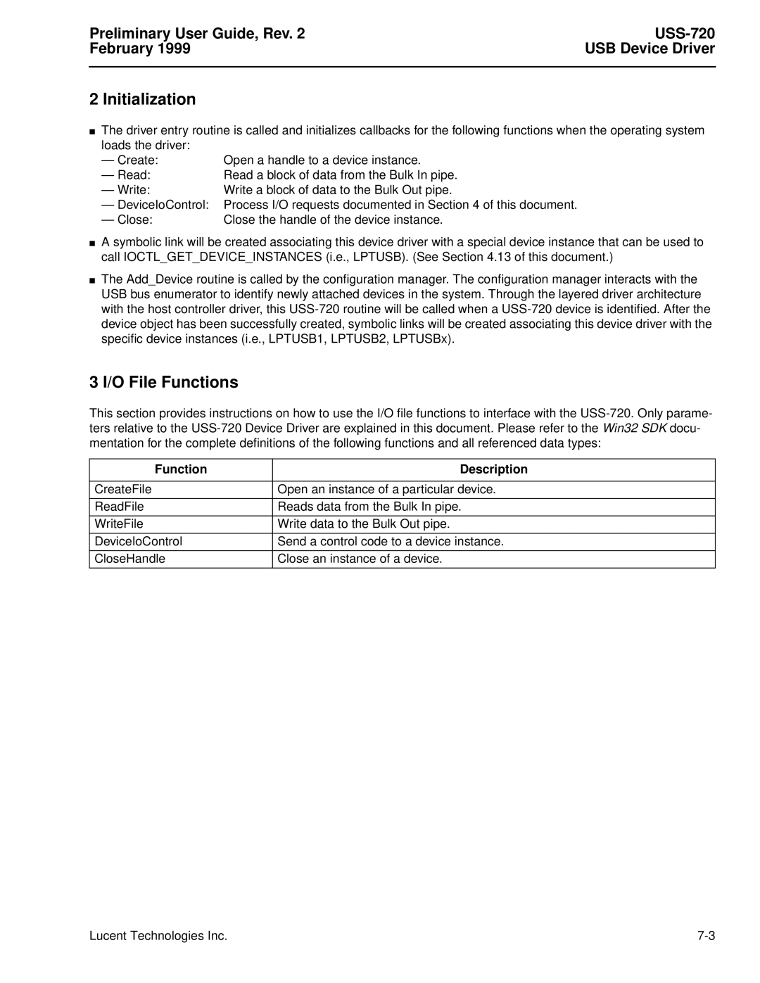 Lucent Technologies Initialization, O File Functions, Preliminary User Guide, Rev USS-720 February, USB Device Driver 