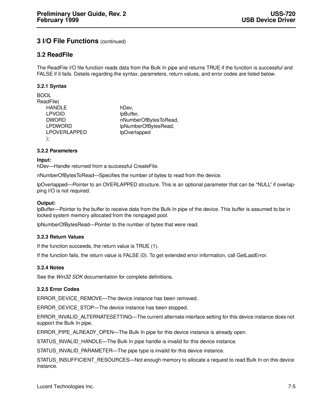 Lucent Technologies USS-720 manual ReadFile, Error Codes 