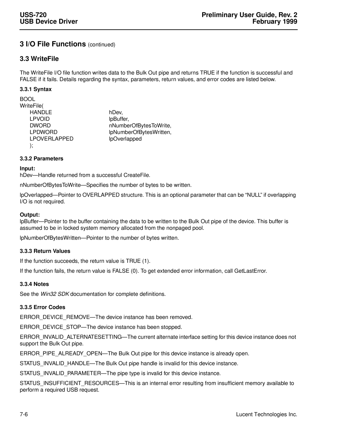 Lucent Technologies USS-720 manual WriteFile 