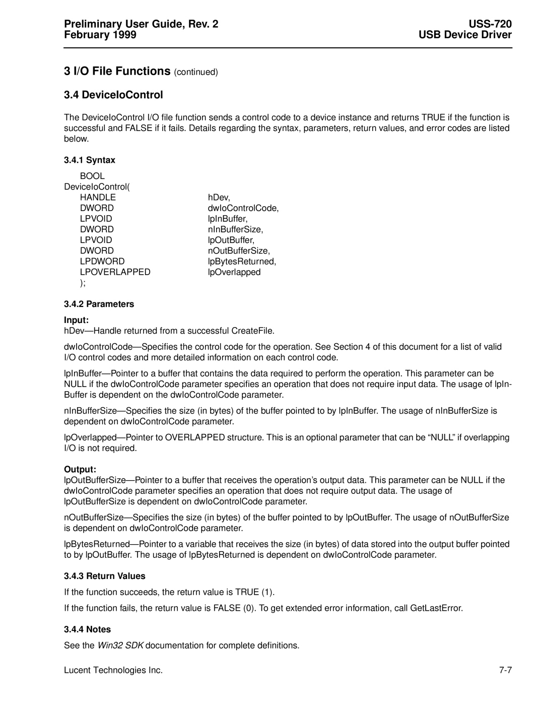 Lucent Technologies USS-720 manual DeviceIoControl 