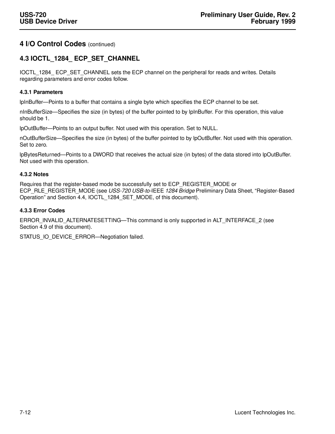 Lucent Technologies USS-720 manual IOCTL1284 Ecpsetchannel 