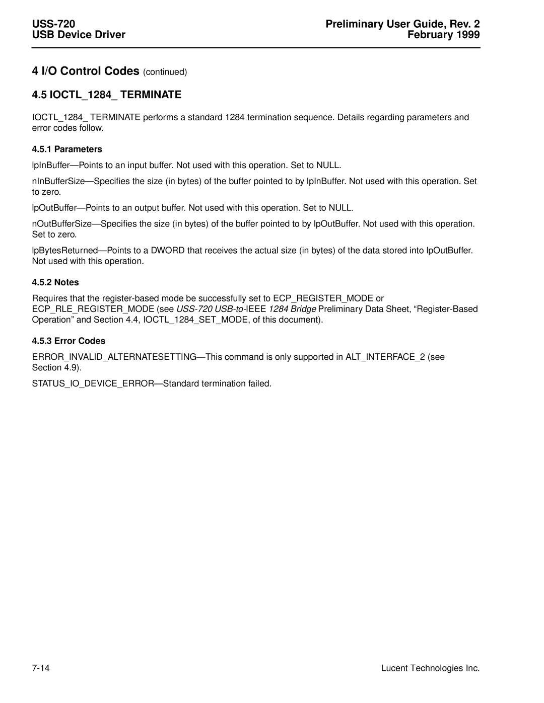 Lucent Technologies USS-720 manual IOCTL1284 Terminate 