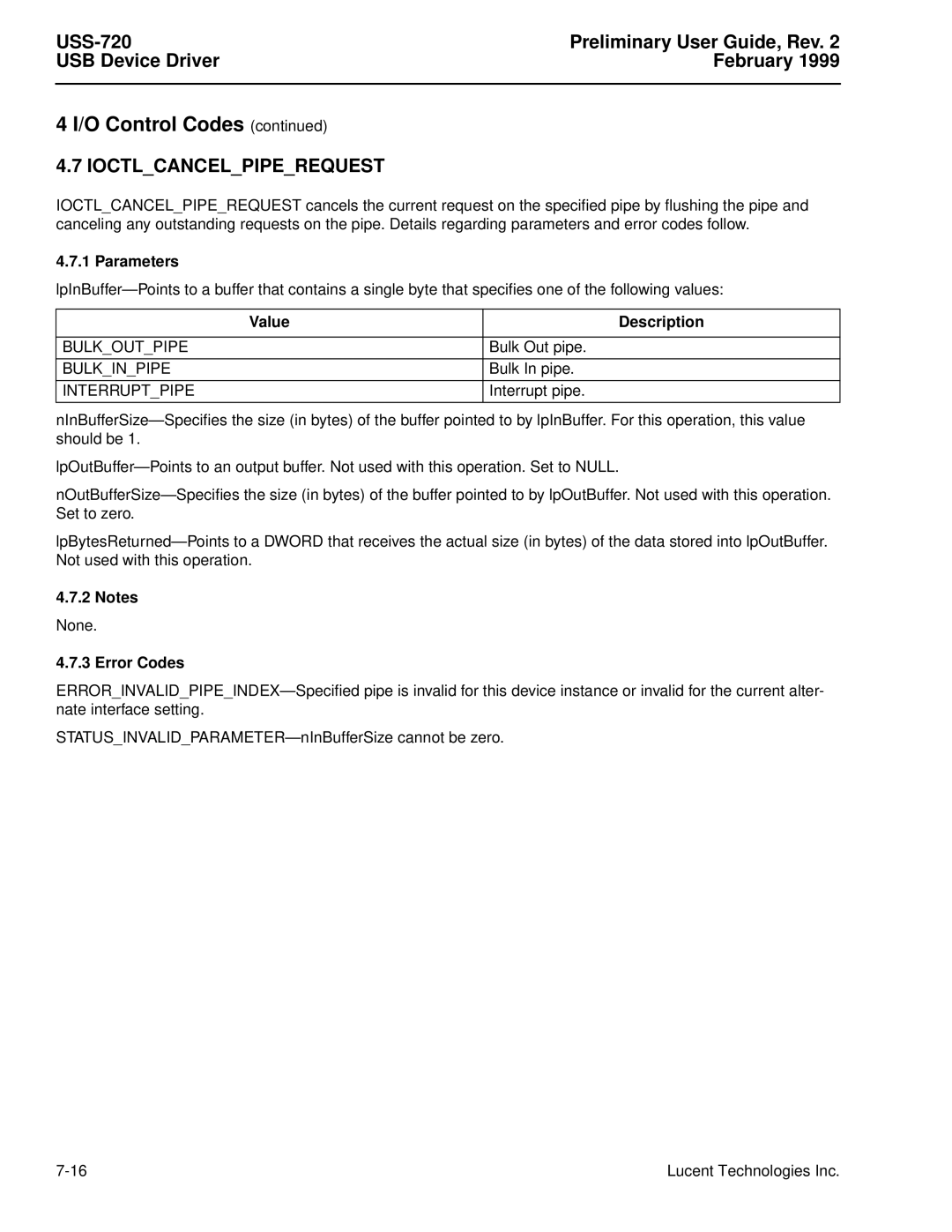 Lucent Technologies USS-720 manual Ioctlcancelpiperequest 