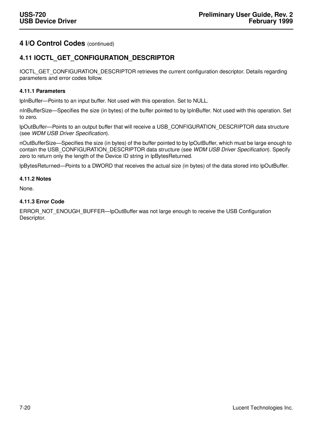 Lucent Technologies USS-720 manual Ioctlgetconfigurationdescriptor 