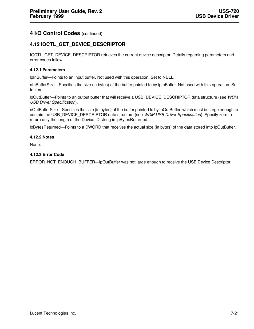 Lucent Technologies USS-720 manual Ioctlgetdevicedescriptor 