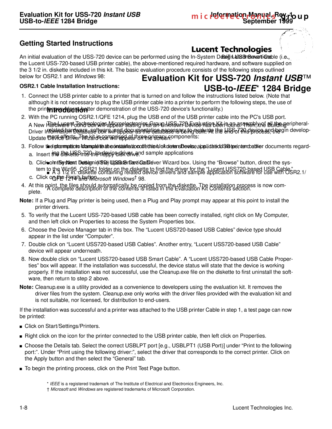 Lucent Technologies USS-720 manual Getting Started Instructions, OSR2.1 Cable Installation Instructions 