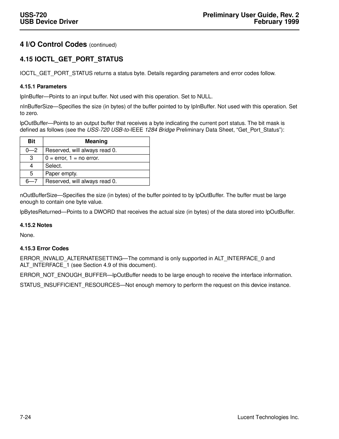 Lucent Technologies USS-720 manual Ioctlgetportstatus, Bit Meaning 